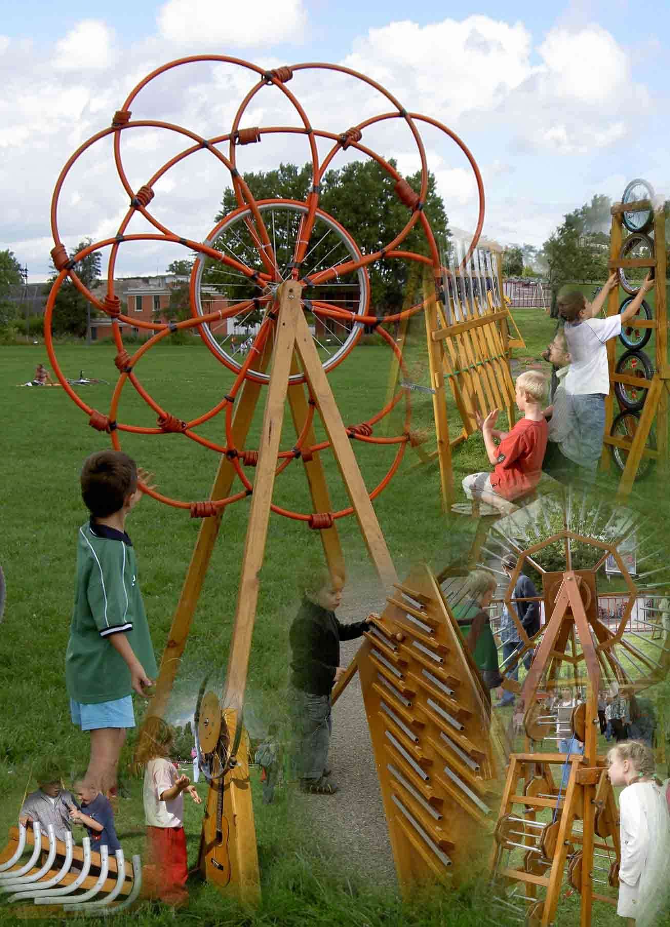 Des jeux pour enfants en taille géante sont montrés avec des enfants qui jouent.